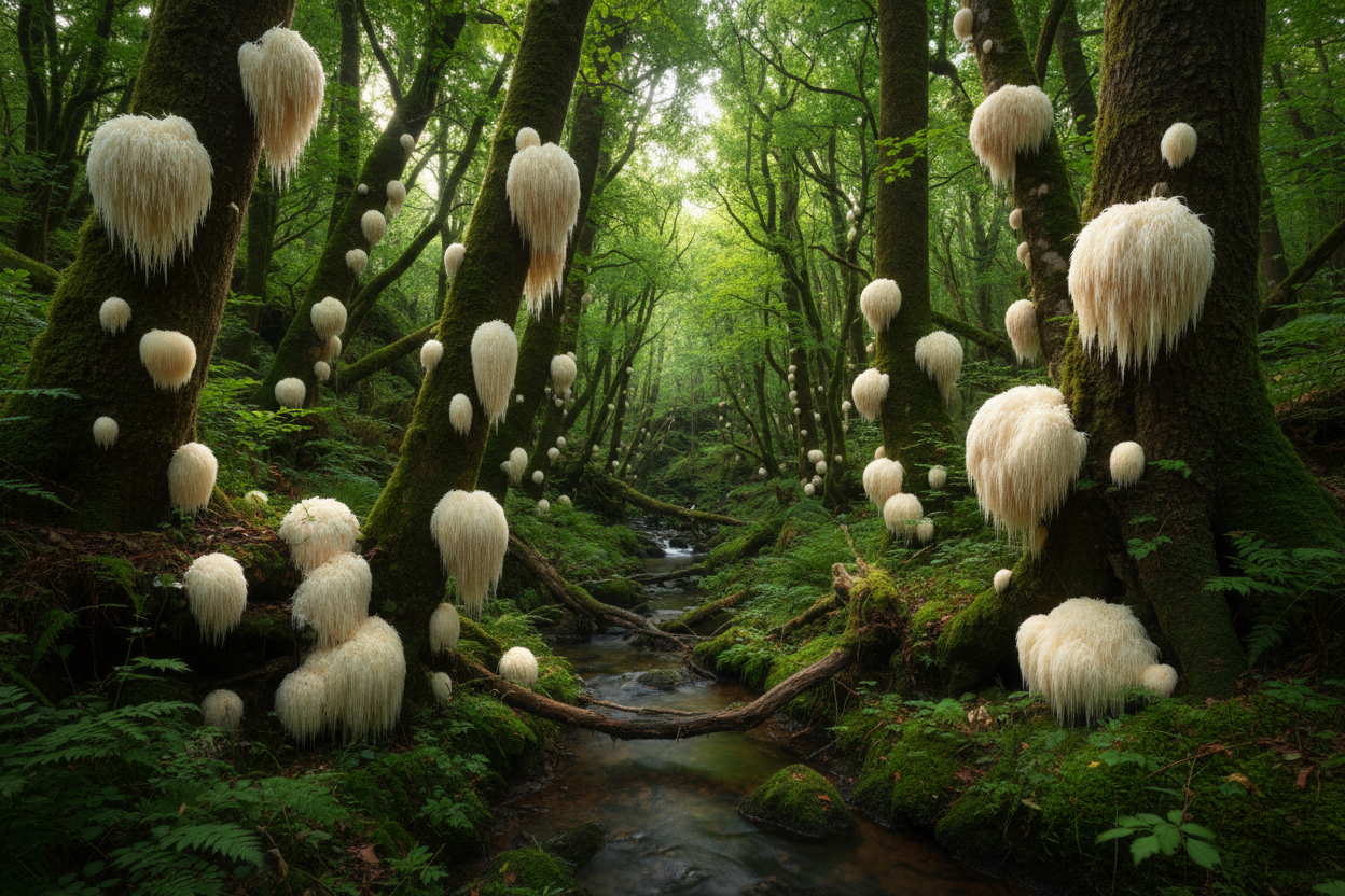 a landscape filled with lions mane mushrooms